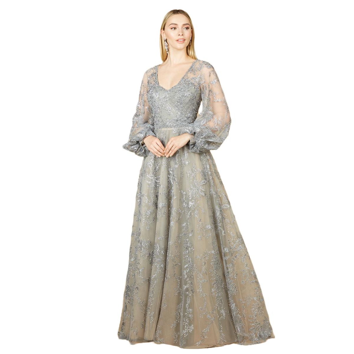1940s Evening, Prom, Party, Formal, Ball Gowns Lara Womens V Neckline Balloon Sleeve Gown - Slate $598.00 AT vintagedancer.com