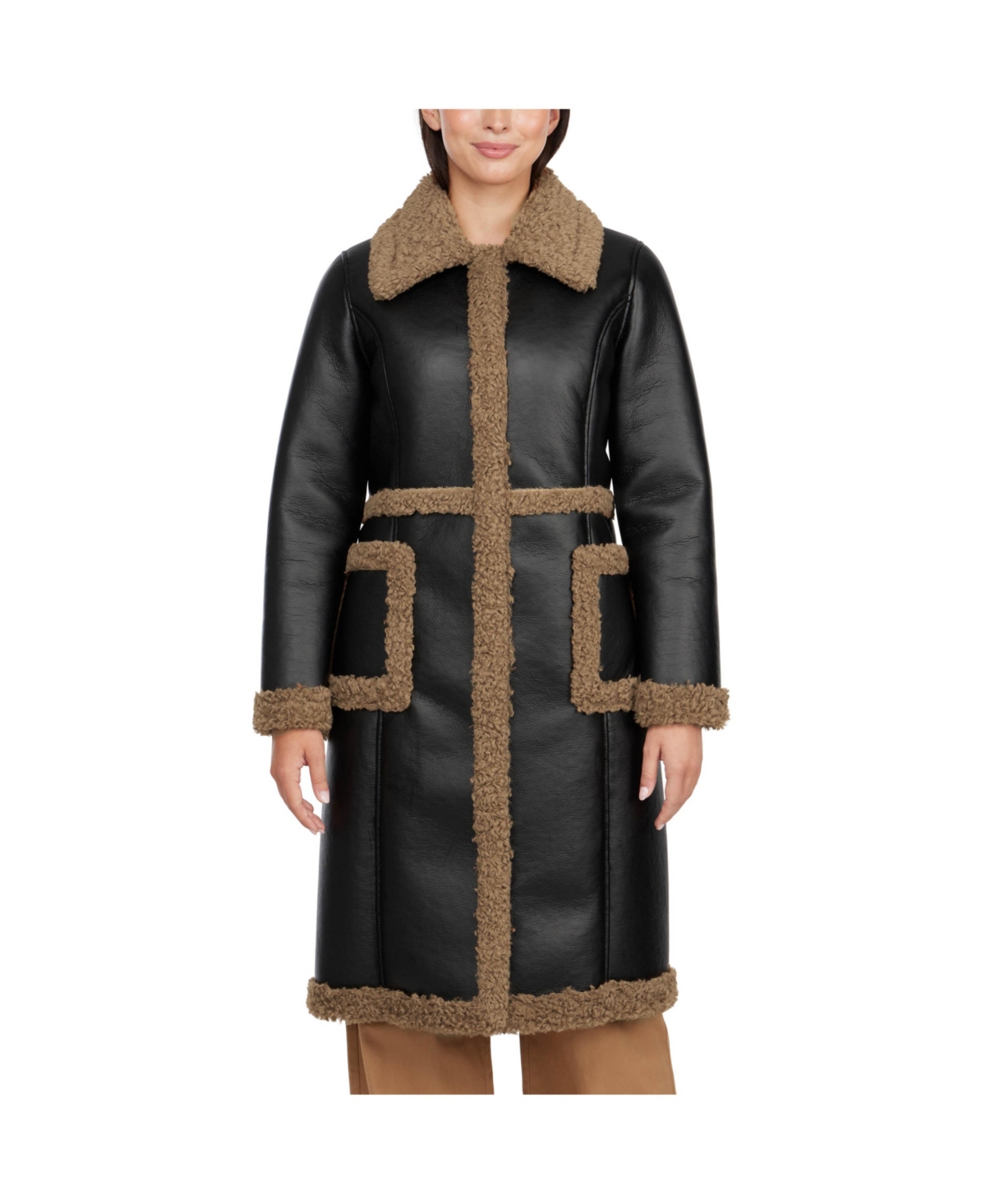 Badgley Mischka Women s Faux Shearling Single Breasted Coat Cognac black Smart Closet