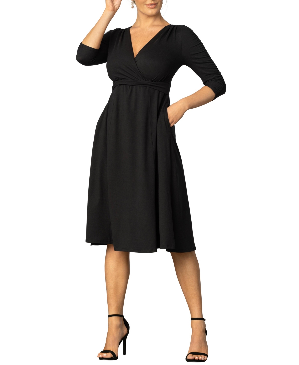Women's Gabriella Ruched Sleeve Midi Dress with Pockets - Black noir