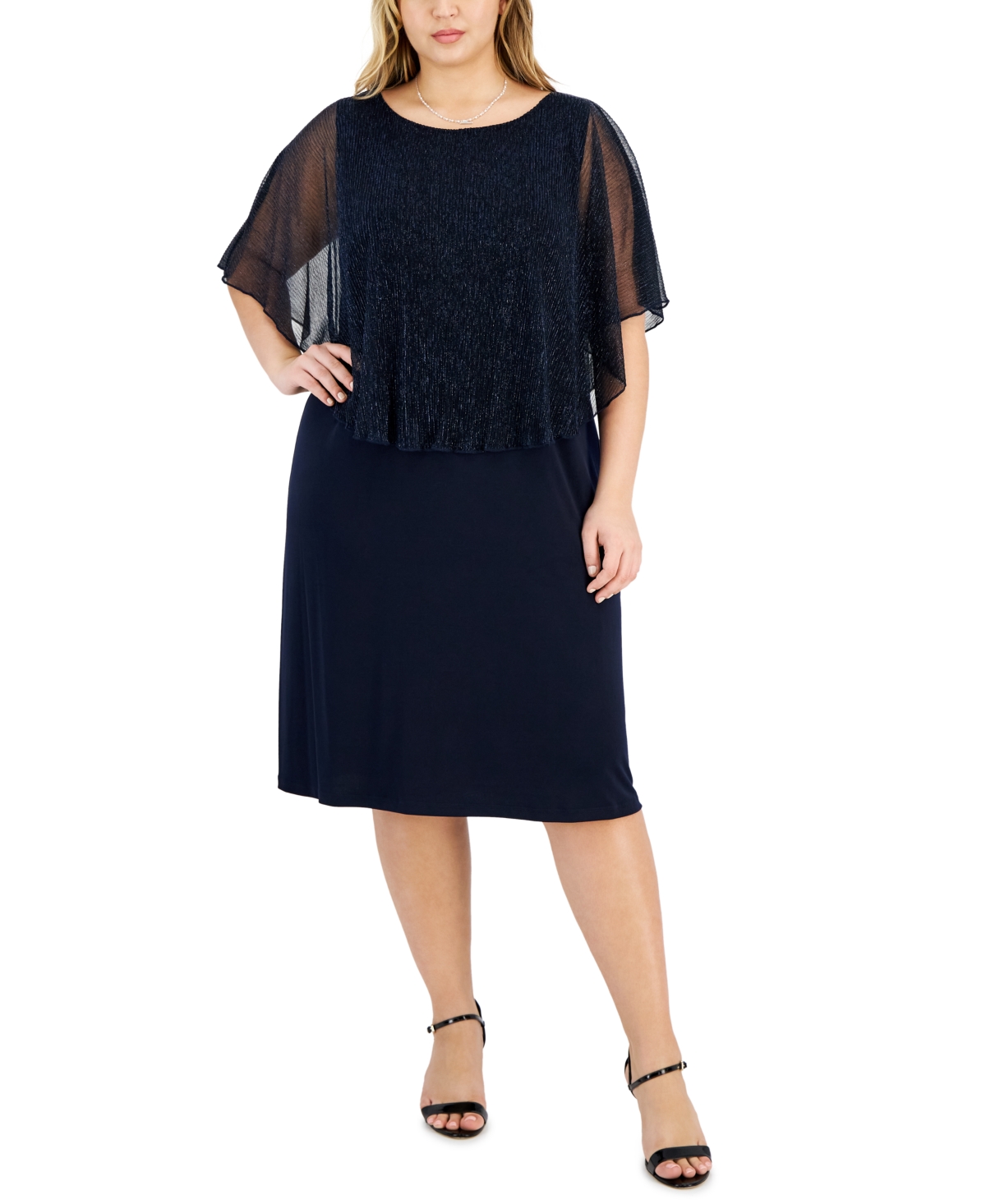 Connected Plus Size Round-neck Mesh Cape Overlay Dress In Navy