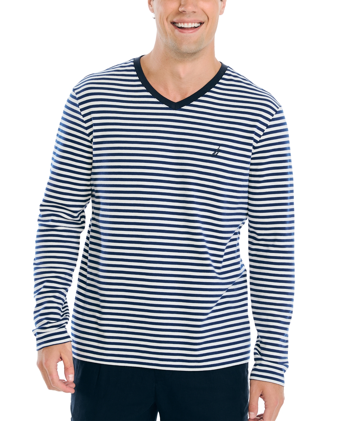Nautica Men's V-neck Striped Long Sleeve T-shirt In Blue Depths