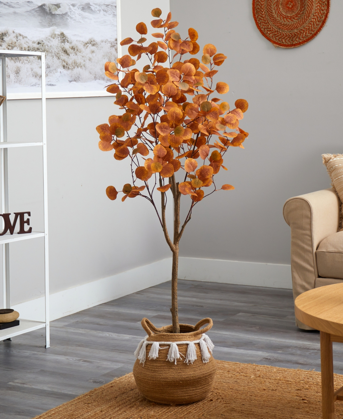 Nearly Natural Artificial Autumn Eucalyptus Tree with Handmade Jute Cotton Basket with Tassels