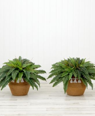 23" Artificial Boston Fern Plant with Handmade Jute Cotton Basket with Tassels DIY Kit Set of 2