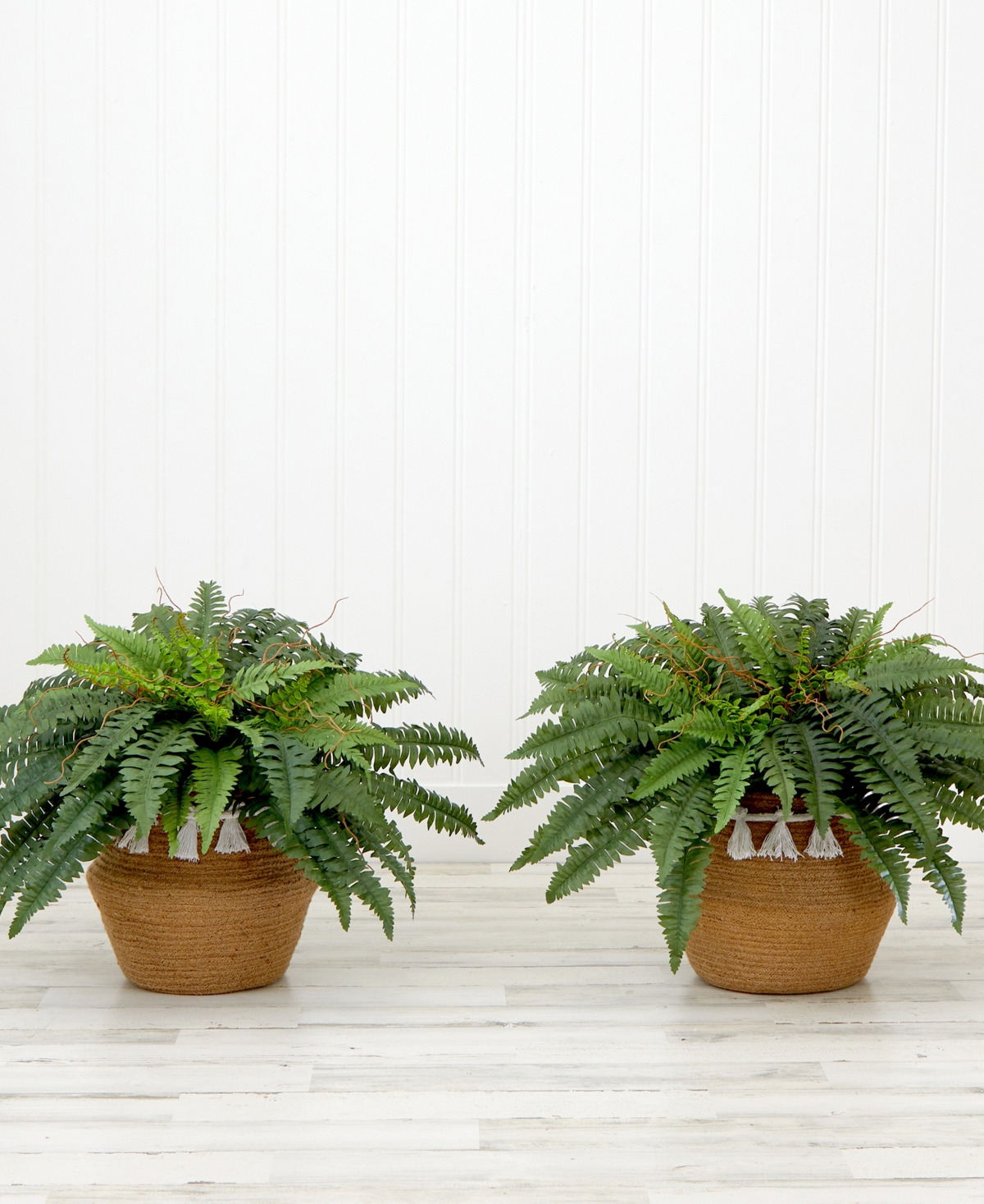 NEARLY NATURAL 23" ARTIFICIAL BOSTON FERN PLANT WITH HANDMADE JUTE COTTON BASKET WITH TASSELS DIY KIT SET OF 2 