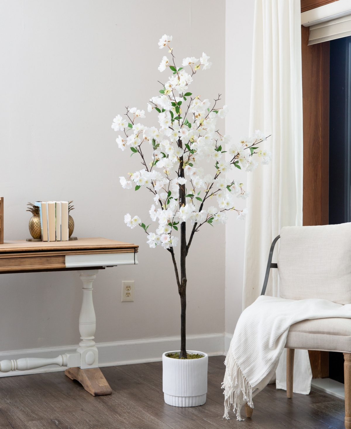 Nearly Natural 72" Artificial Cherry Blossom Tree With Decorative Planter In White