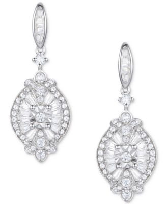Diamond Baguette & Round Cluster Drop Earrings (1/2 ct. t.w.) in Sterling Silver