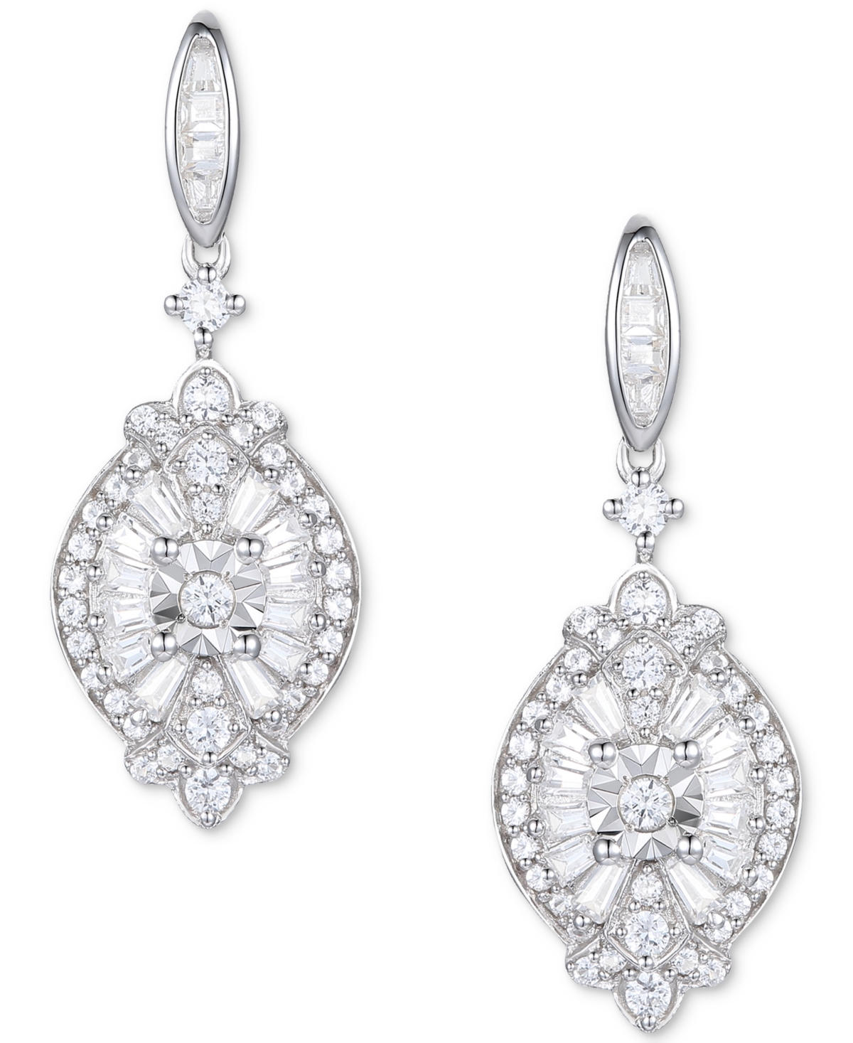 Macy's Diamond Baguette & Round Cluster Drop Earrings (1/2 Ct. T.w.) In Sterling Silver In Sterling Silver