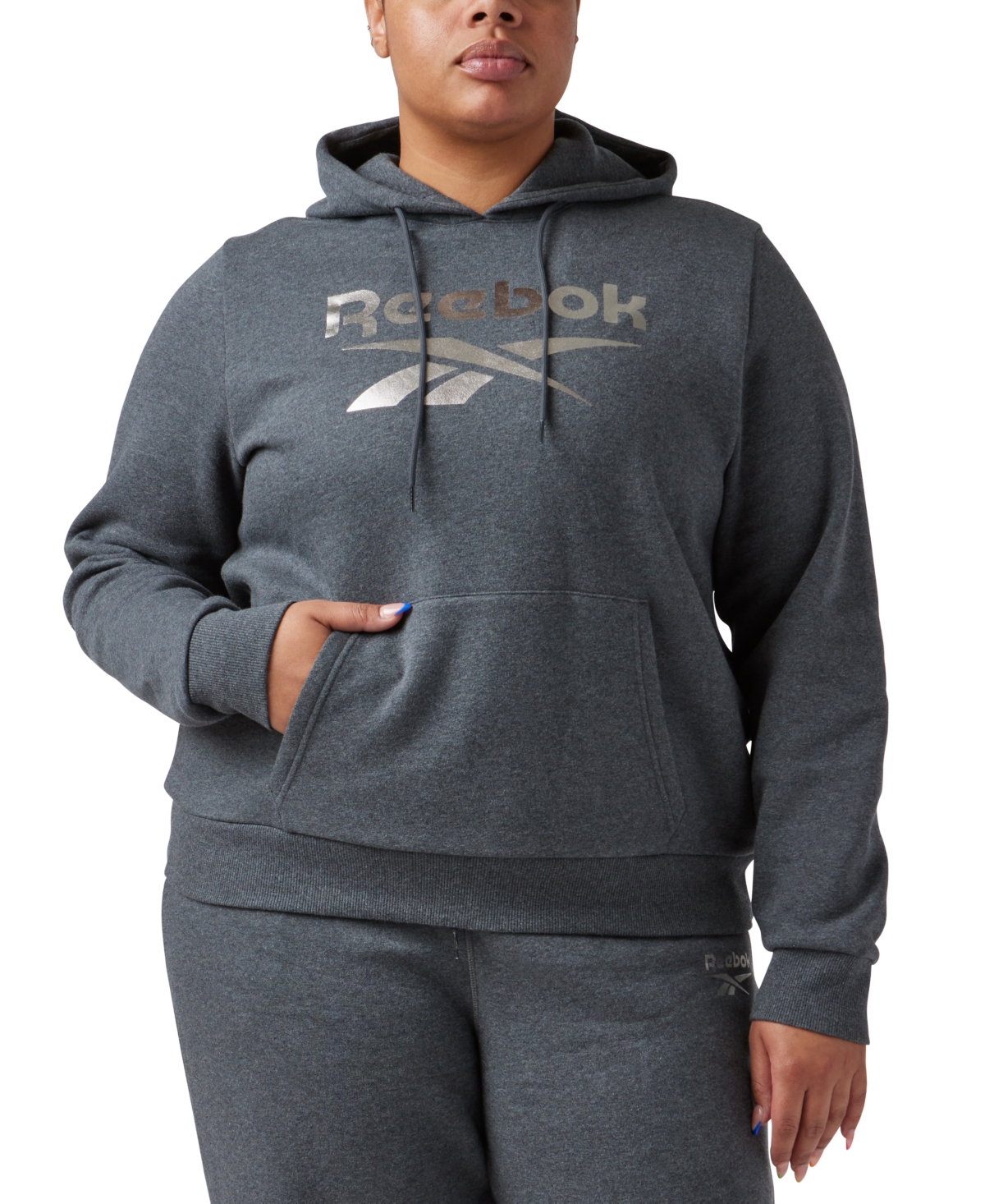 Reebok Plus Size Shine In Fleece Track Hoodie In Dark Grey Heather