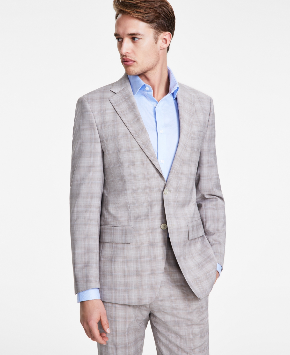Men's Slim-Fit Wool Blend Stretch Plaid Suit Separate Jacket - Tan Plaid