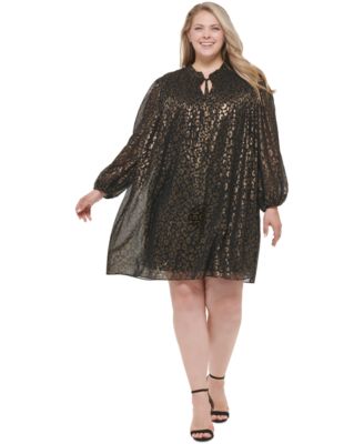 DKNY - Plus Size Leopard-Print Tie-Neck Pleated Dress