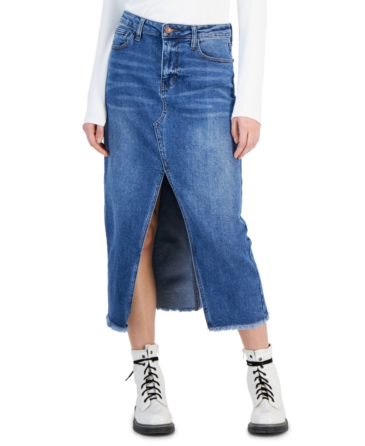Juniors' Denim Front-Slit Frayed-Hem Midi Skirt - Lengthy Ti