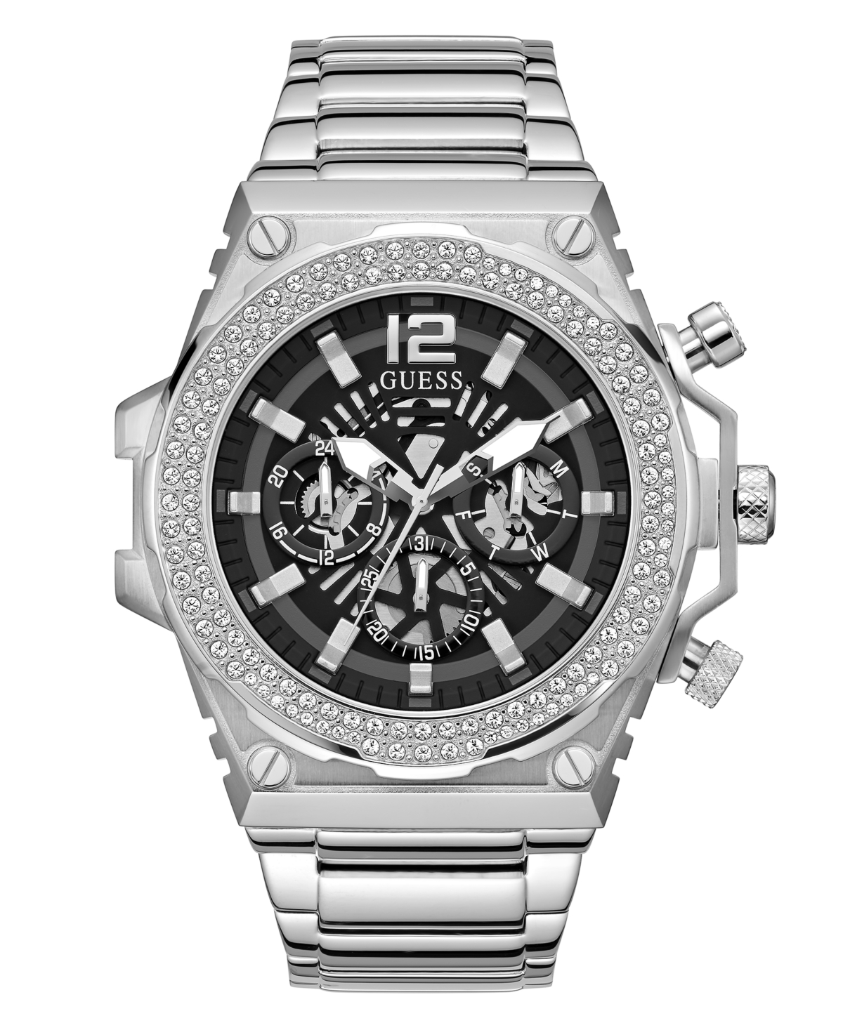 Guess Men's Multi-function Silver-tone Stainless Steel Watch 48mm In Silver Tone