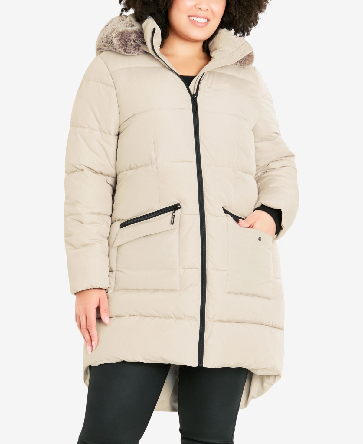 Avenue Plus Size Contrast Zip Faux Fur Trim Hooded Coat In Neutral