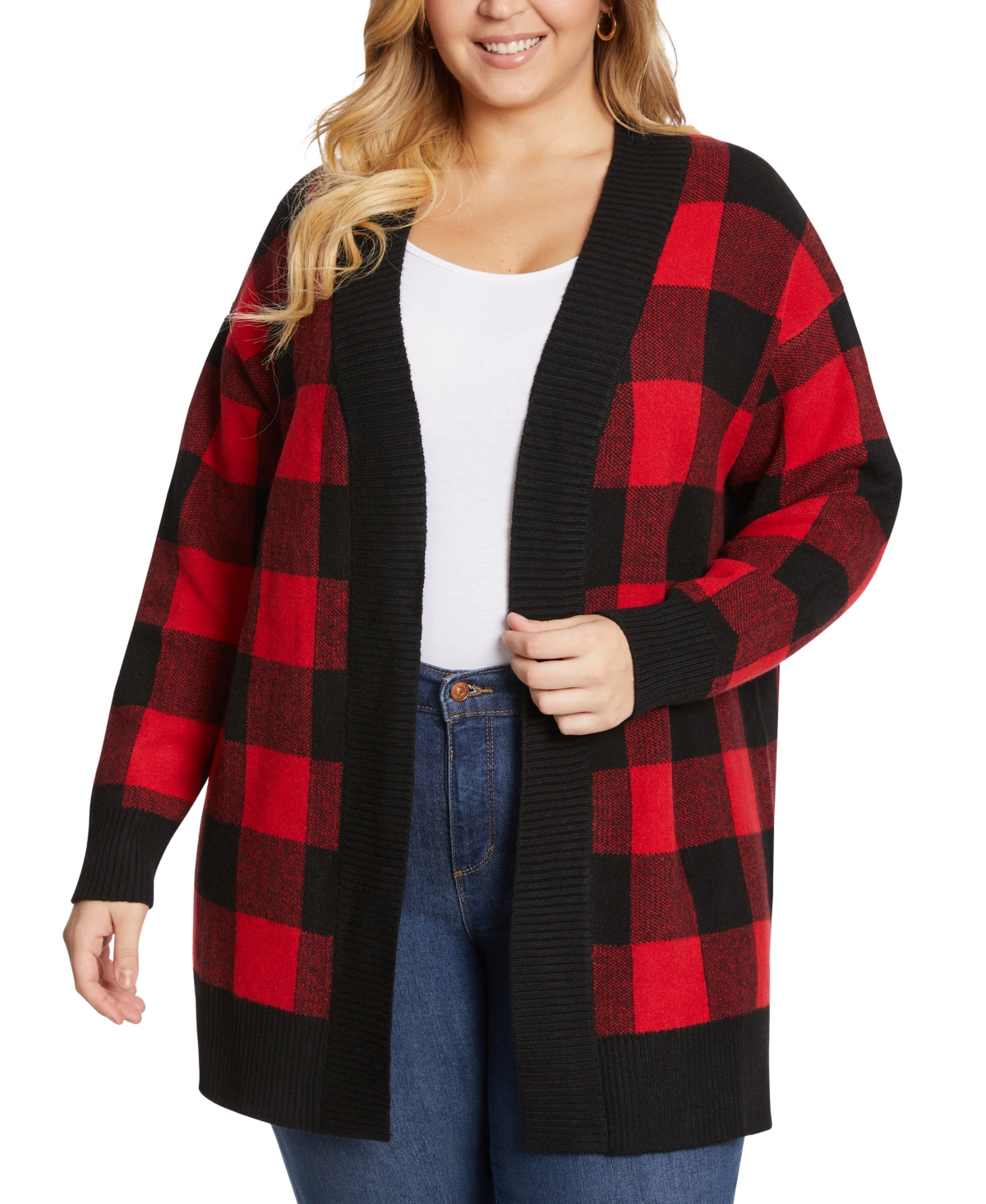 Jessica Simpson Trendy Plus Size Printed Open-front Cardigan In Claret Red Buffalo Check