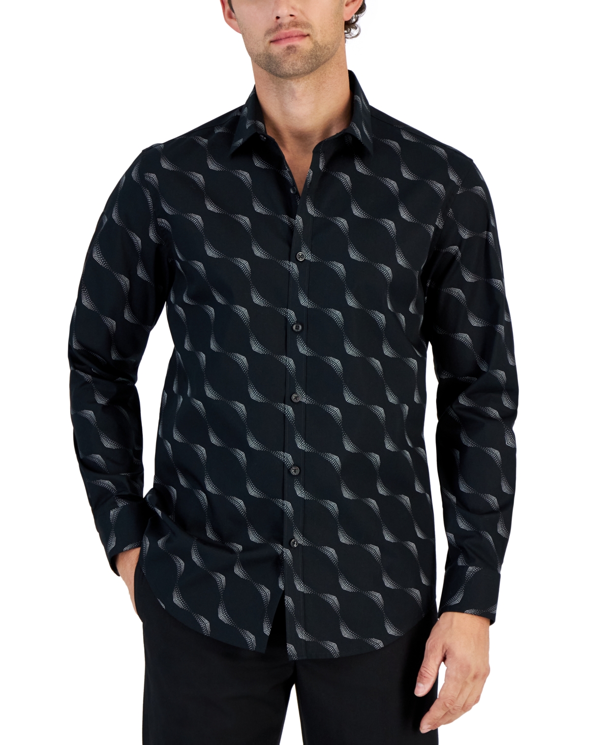 Alfani Men's Dot Wave Print Long-sleeve Button-up Shirt, Created For Macy's In Deep Black