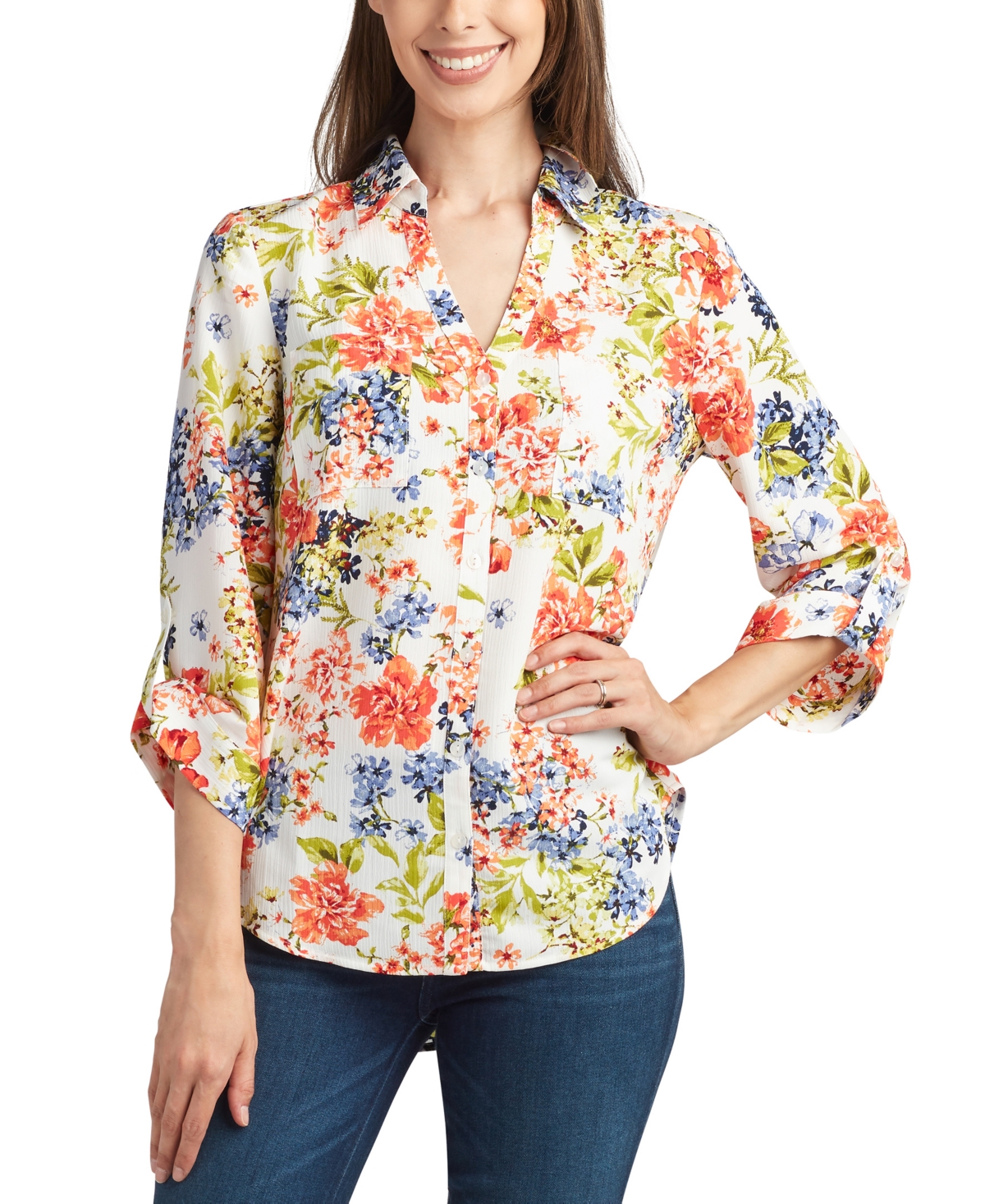 Bcx Juniors' Printed Collared Button-down 3/4-sleeve Top In Pat A