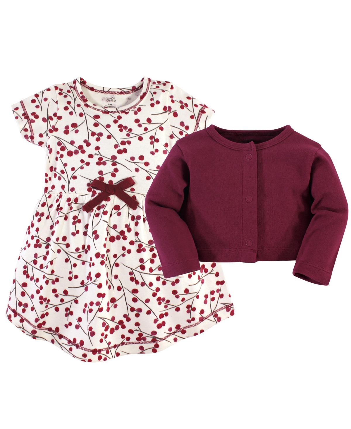 Touched by Nature Baby Girls Baby Organic Cotton Dress and Cardigan 2pc Set,- Berry Branch