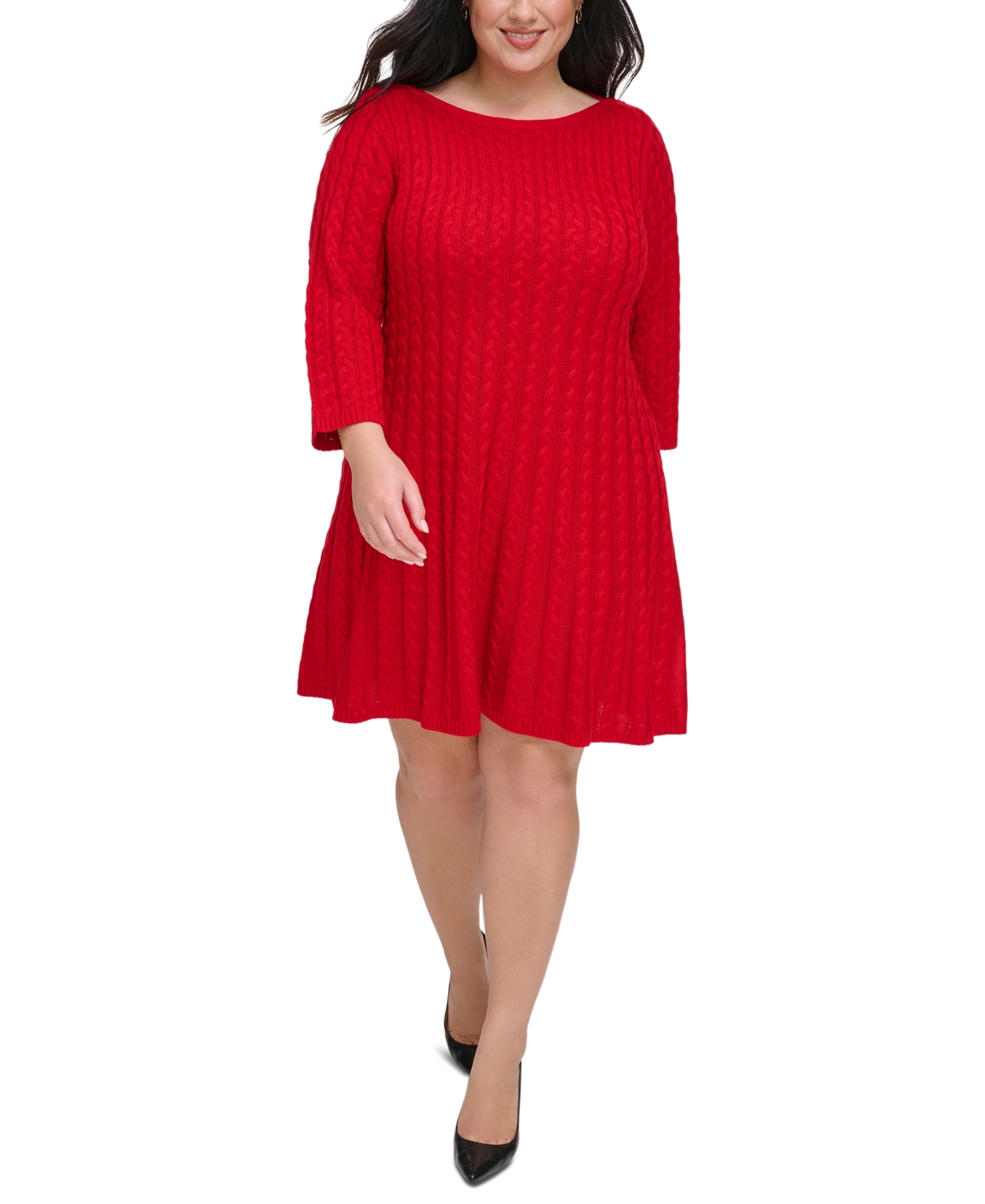 Jessica Howard Plus Size Cable-knit 3/4-sleeve Dress In Red