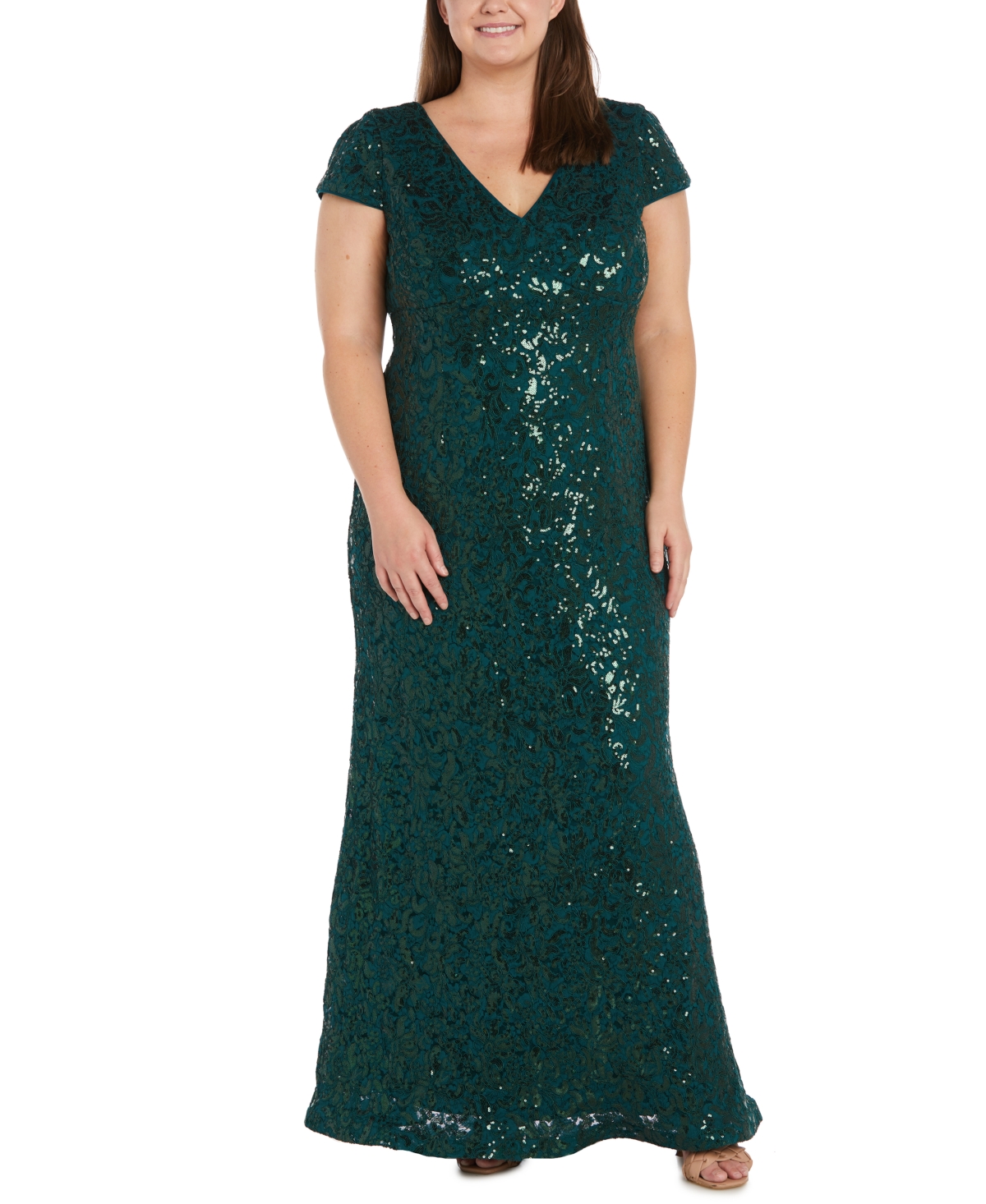 Plus Size Sequined Lace Empire-Waist Gown - Hunter