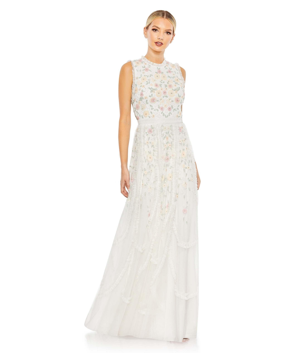 Mac Duggal Women's Embellished High Neck Sleeveless Ruffled Gown