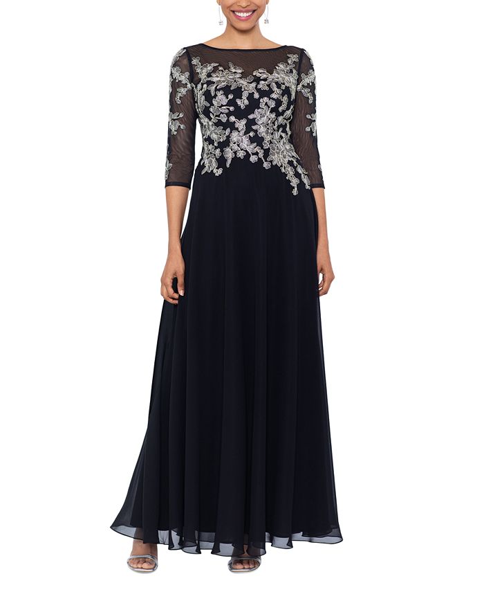 Betsy & Adam Women's Floral-Embroidered 3/4-Sleeve Gown - Macy's