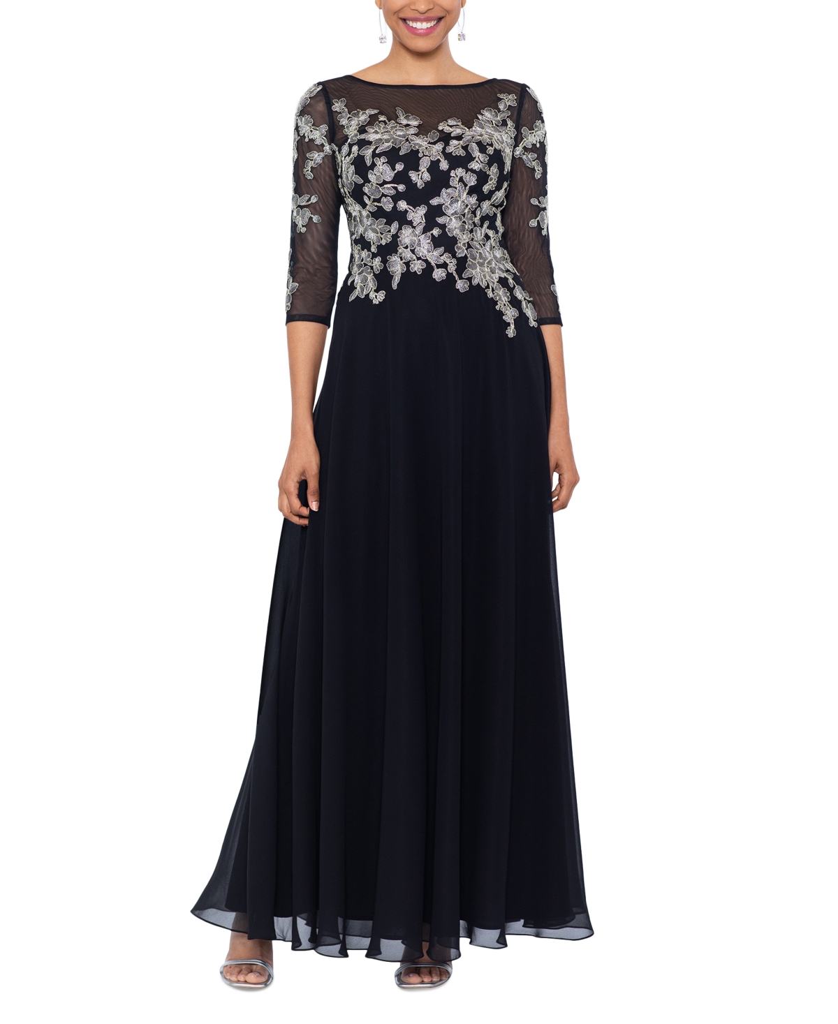 Women's Floral-Embroidered 3/4-Sleeve Gown - Black/Gold