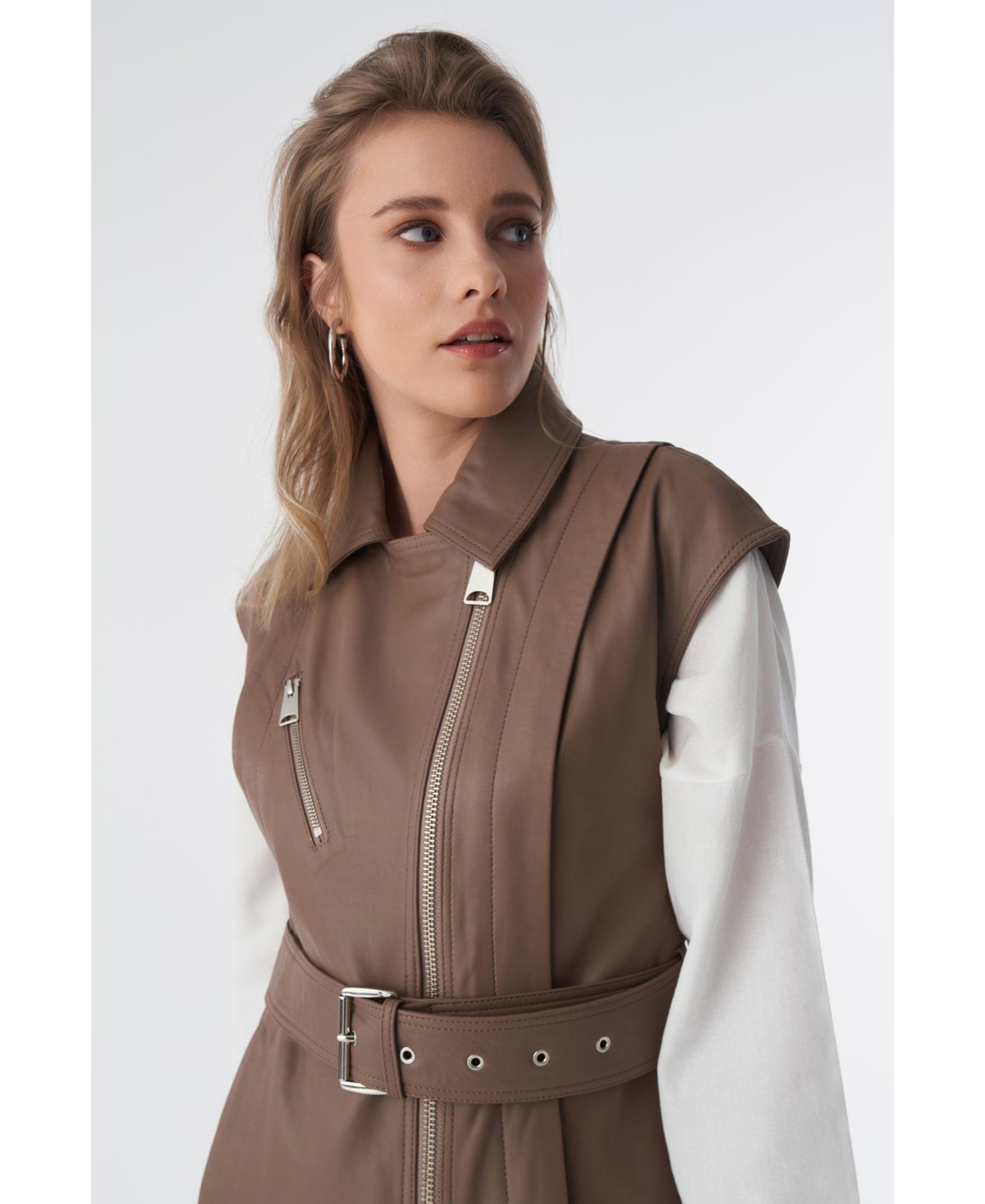 Furniq Uk Women's Genuine Leather Belted Waistcoat,- Mocha brown