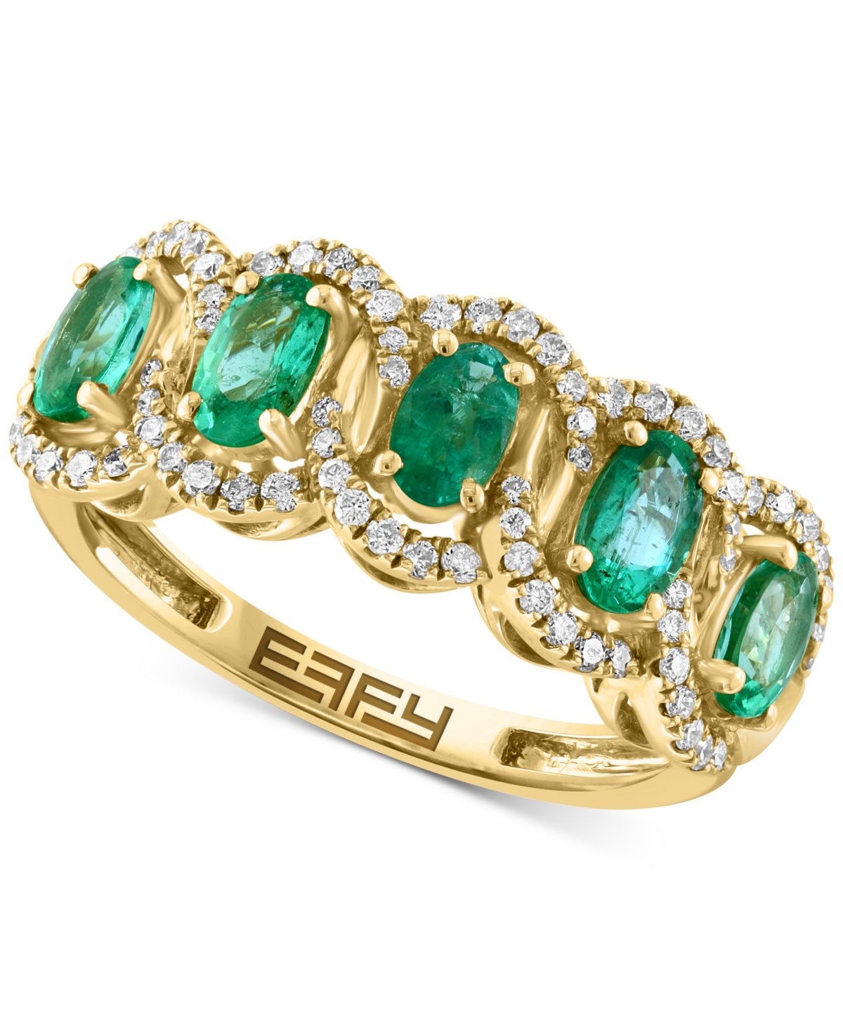 Effy Collection Effy Emerald (1-1/20 Ct. T.w.) & Diamond (1/4 Ct. T.w.) Five Stone Halo Ring In 14k Gold In Yellow Gold