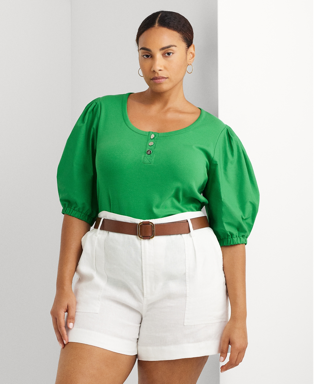 Shop Lauren Ralph Lauren Plus Size Puff-sleeve Henley Tee In Green Topaz