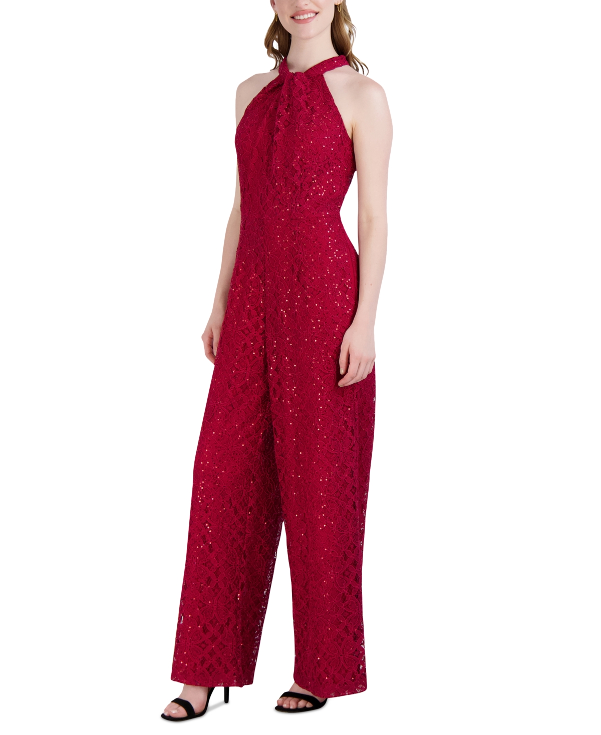 Shop Julia Jordan Women's Sequin-lace Halter Twist-neck Jumpsuit In Crimson