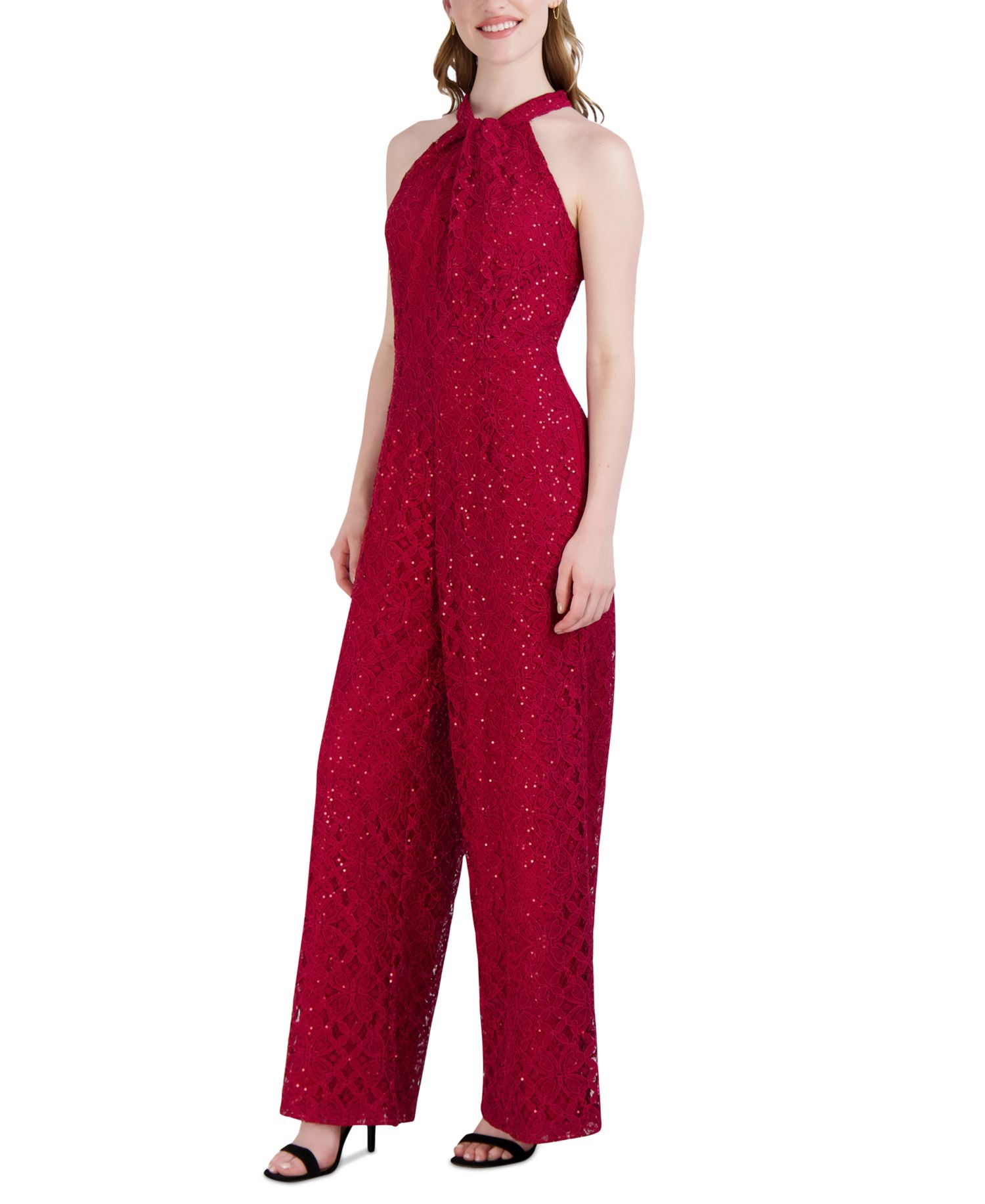 Women's Sequin-Lace Halter Twist-Neck Jumpsuit