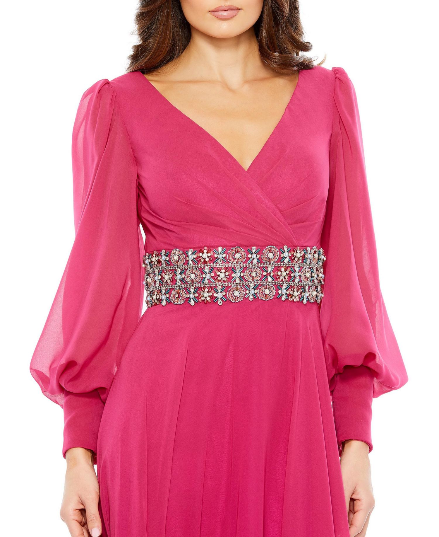 Women's Bishop Sleeve Wrap Over Belt Detail Flowy Gown
