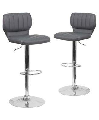 Set Of Two Swivel Bar Stools With Vertical Stitched Back And Adjustable Chrome Base With Footrest
