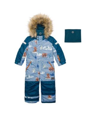One Piece Snowsuit Blue With Bear Print