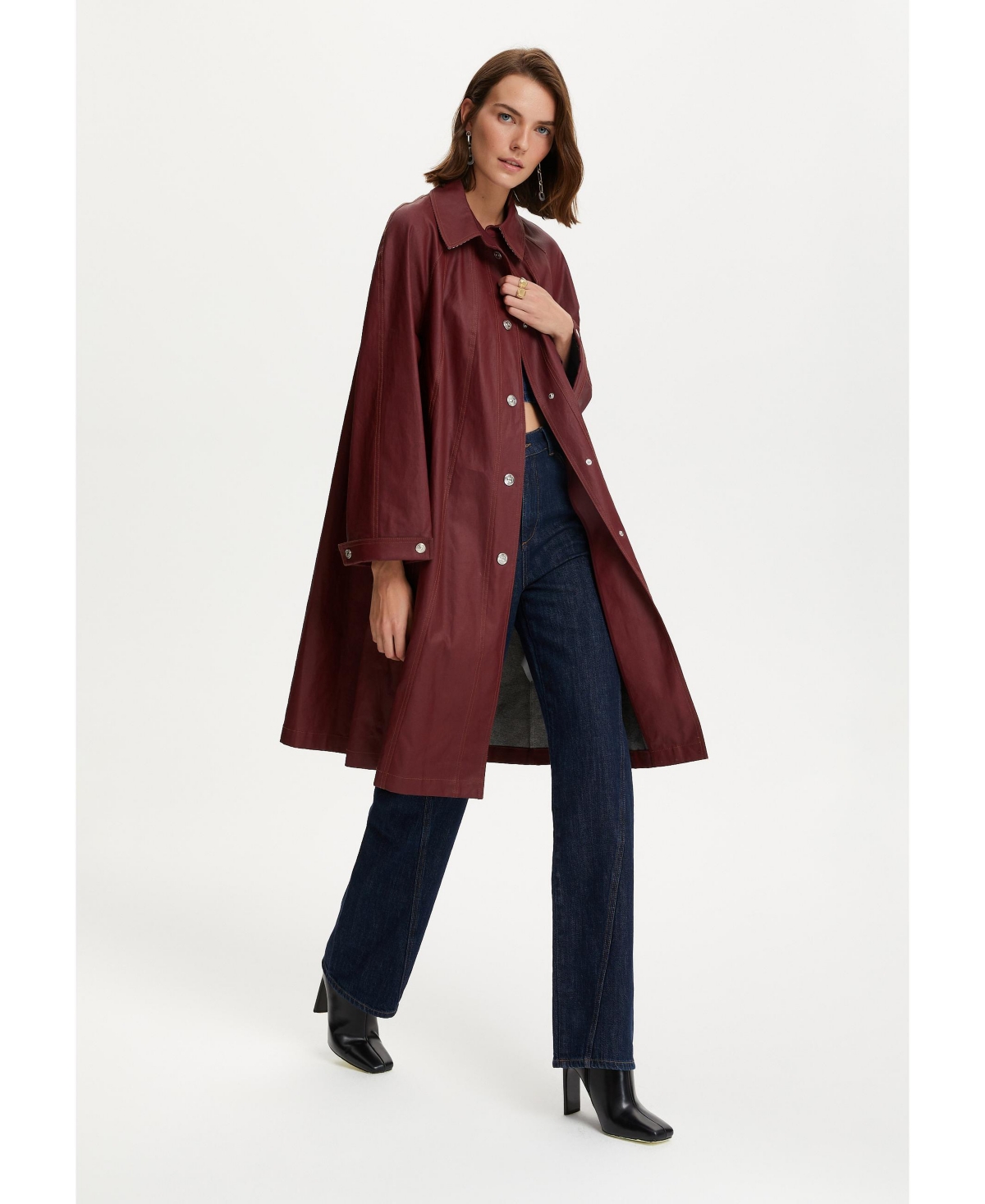 Women's Denim Trench Coat - Burgundy