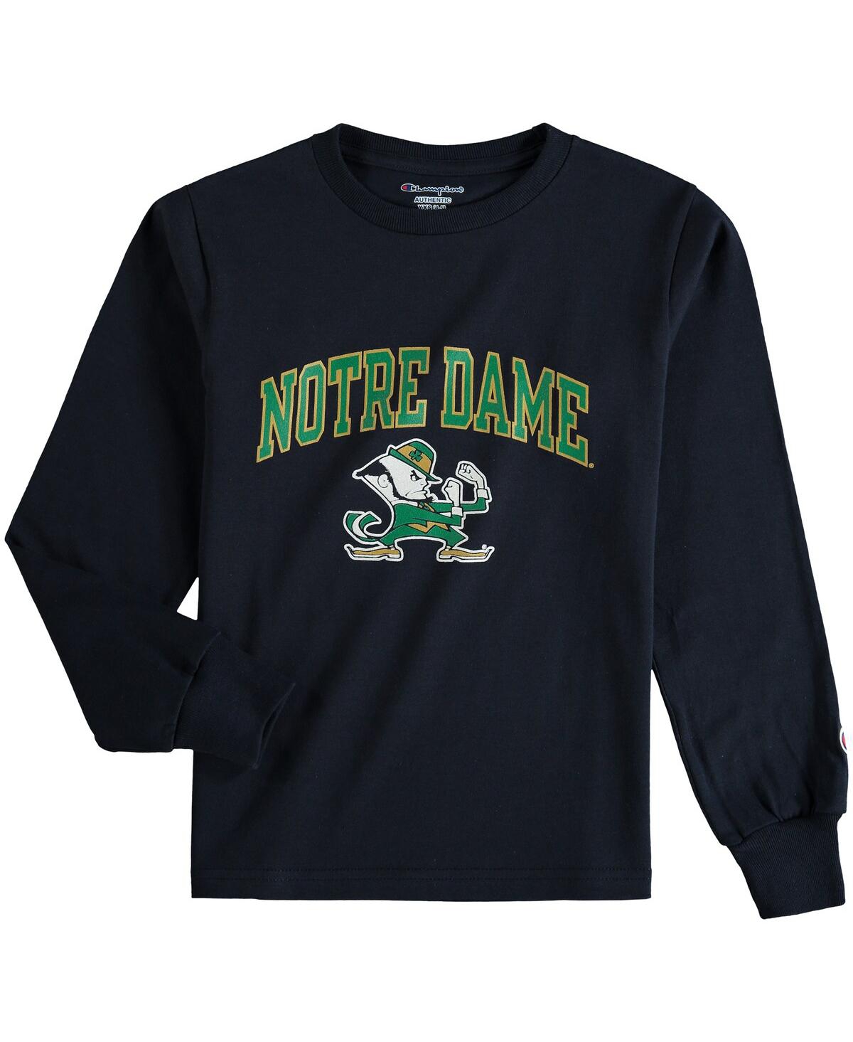 Champion Kids' Big Boys  Navy Notre Dame Fighting Irish Arch Logo Mascot Long Sleeve T-shirt