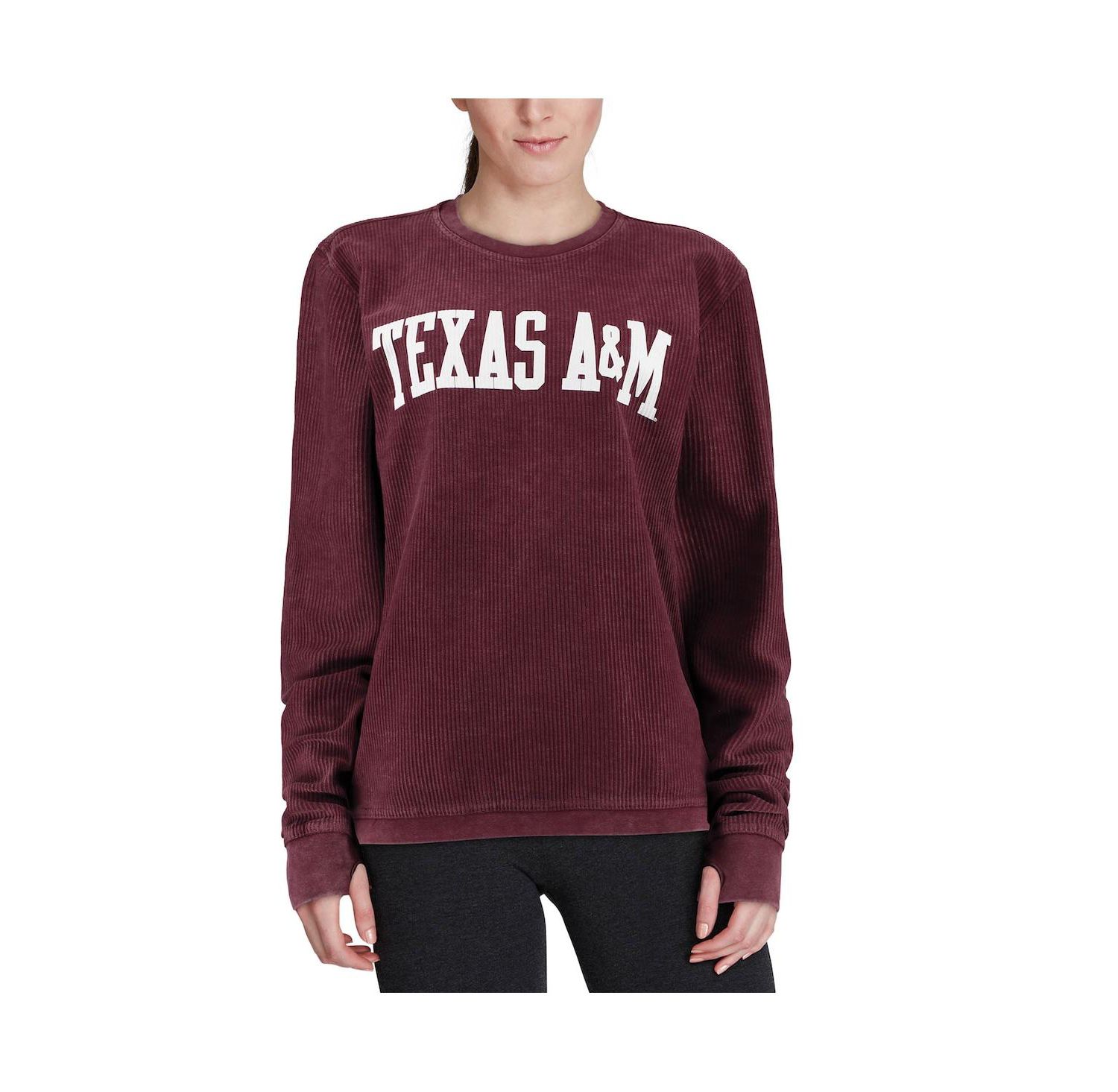 Women's Maroon Distressed Texas A&M Aggies Comfy Cord Vintage-Like Wash Basic Arch Pullover Sweatshirt