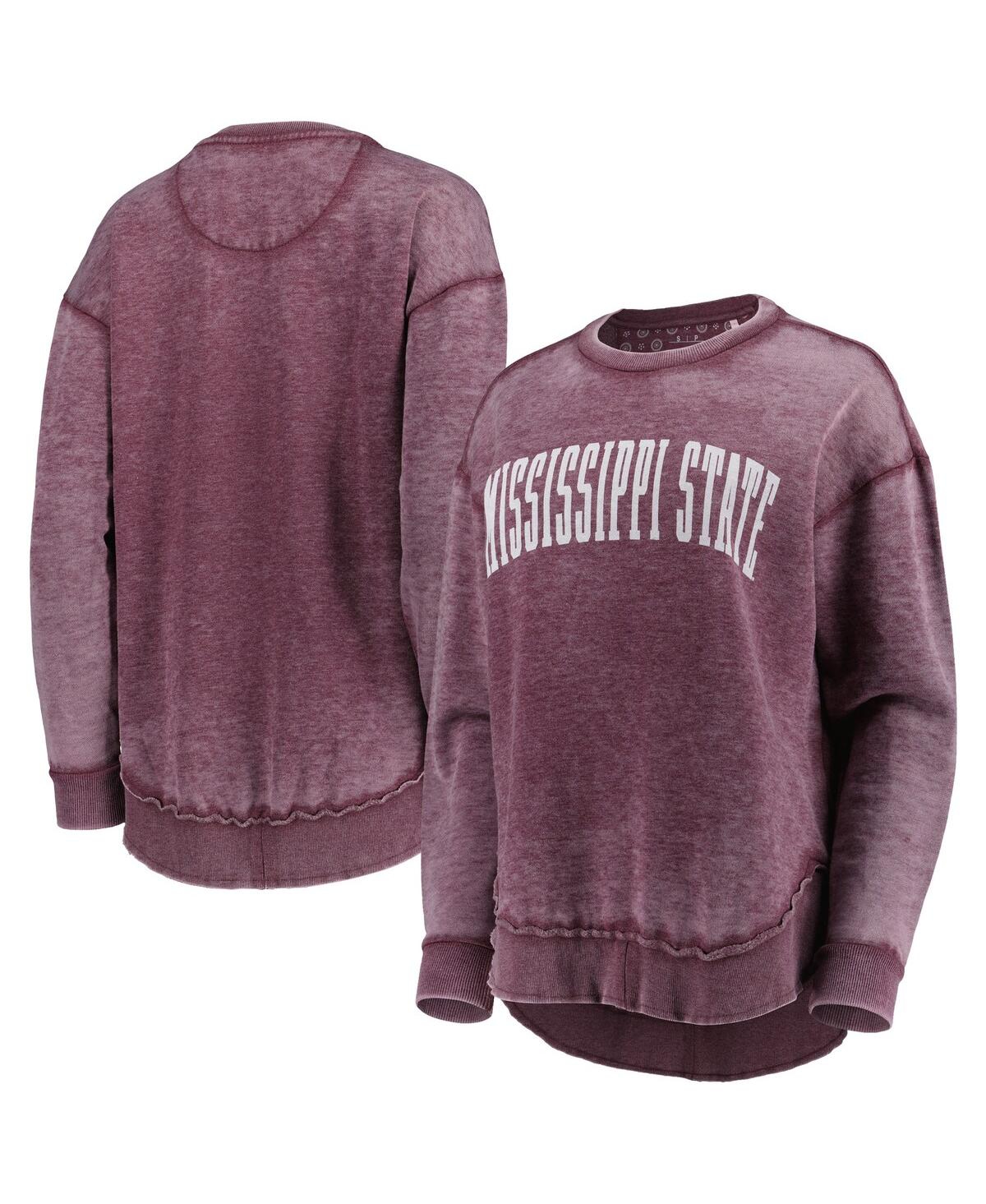PRESSBOX WOMEN'S PRESSBOX MAROON DISTRESSED MISSISSIPPI STATE BULLDOGS VINTAGE-LIKE WASH PULLOVER SWEATSHIRT 