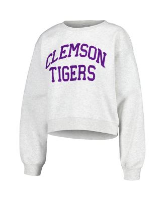 Women's Oatmeal Clemson Tigers Core Chenille Cropped Pullover Sweatshirt