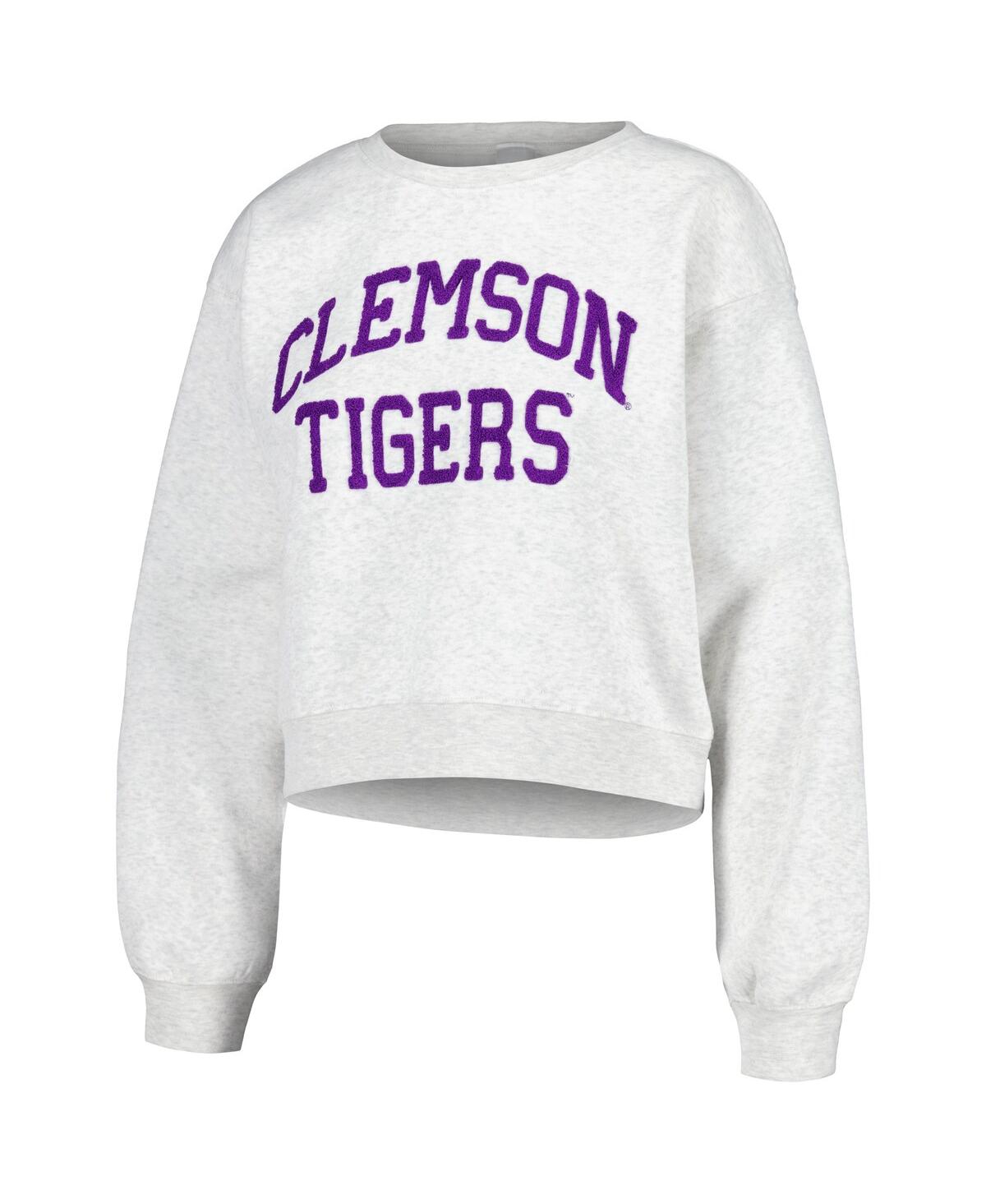 Zoozatz Oatmeal Clemson Tigers Core Chenille Cropped Pullover Sweatshirt In Oatmeal