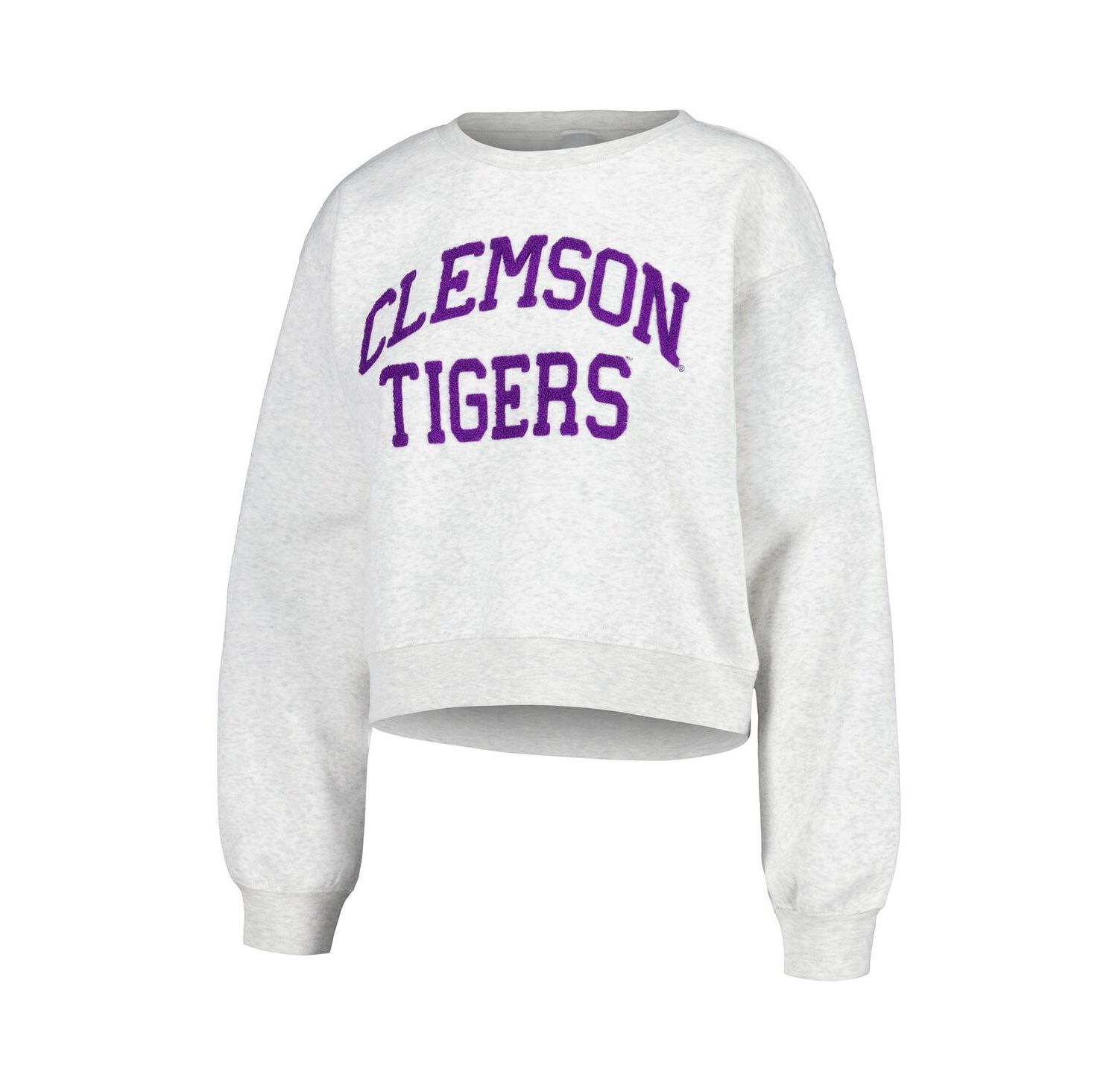 Women's Oatmeal Clemson Tigers Core Chenille Cropped Pullover Sweatshirt