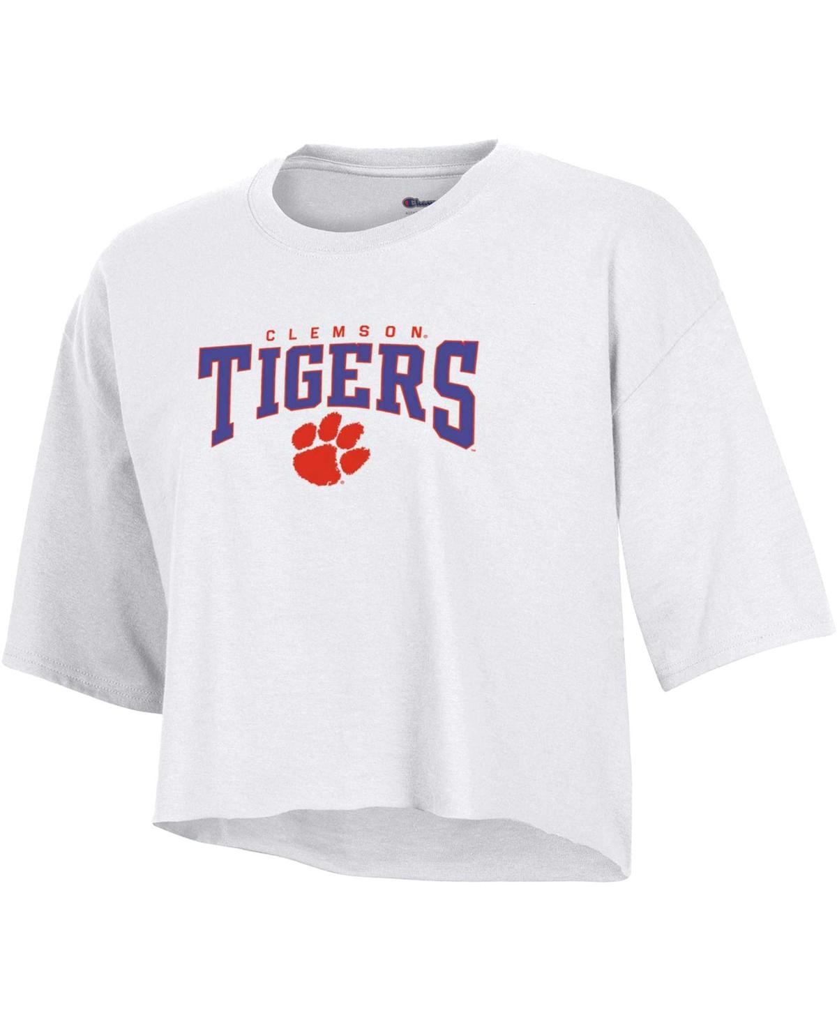 Shop Champion Women's  White Clemson Tigers Boyfriend Cropped T-shirt