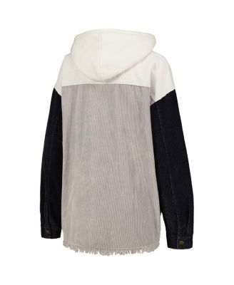 Women's Gray Distressed Penn State Nittany Lions Vintage-Like Wash Corduroy Full-Snap Hooded Shacket