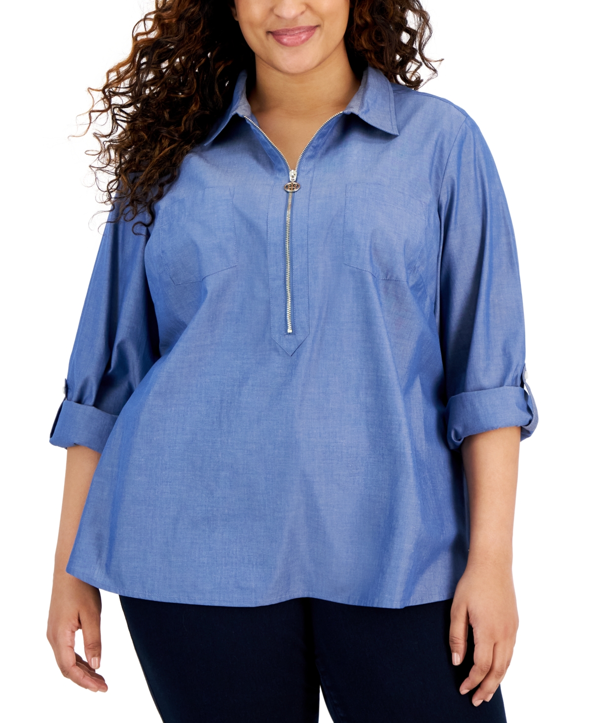 Tommy Hilfiger Plus Size Chambray 1/2-zip Roll-tab-sleeve Cotton Popover Shirt In Blue Chambray