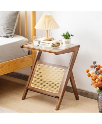 Rattan Side Table Bamboo Accent Bedside Table with Tempered Glass Top