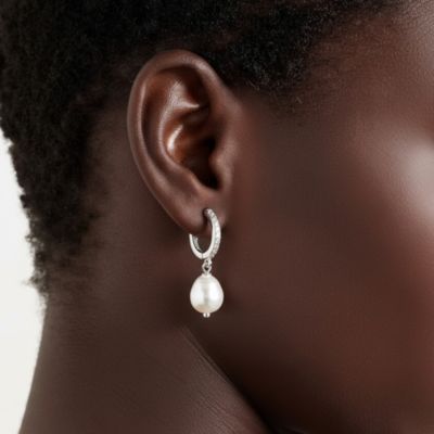 Silver-Tone Mini Hoop Earrings with Drop Pearl