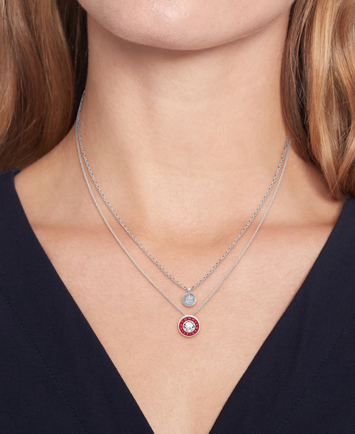 Shop Tommy Hilfiger Stainless Steel Red Enamel & Stone Two-row Pendant Necklace, 18" + 2" Extender In Silver