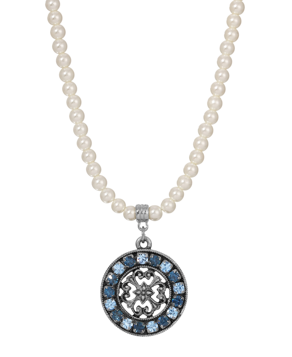 2028 Imitation Pearl Crystal Round Pendant Necklace In Blue