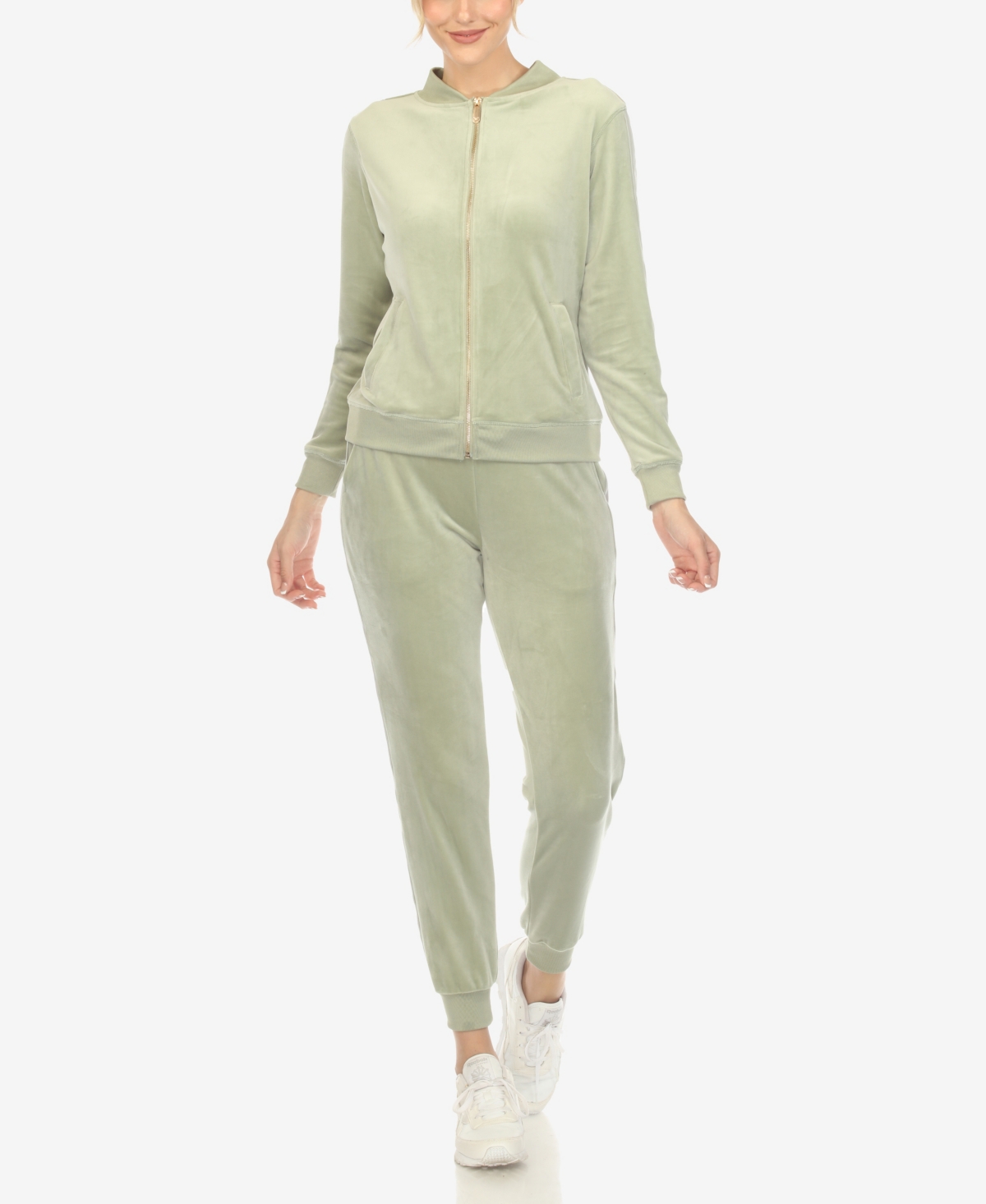 White Mark Women's Faux Leather Stripe Velour 2 Piece Tracksuit Set In Sage