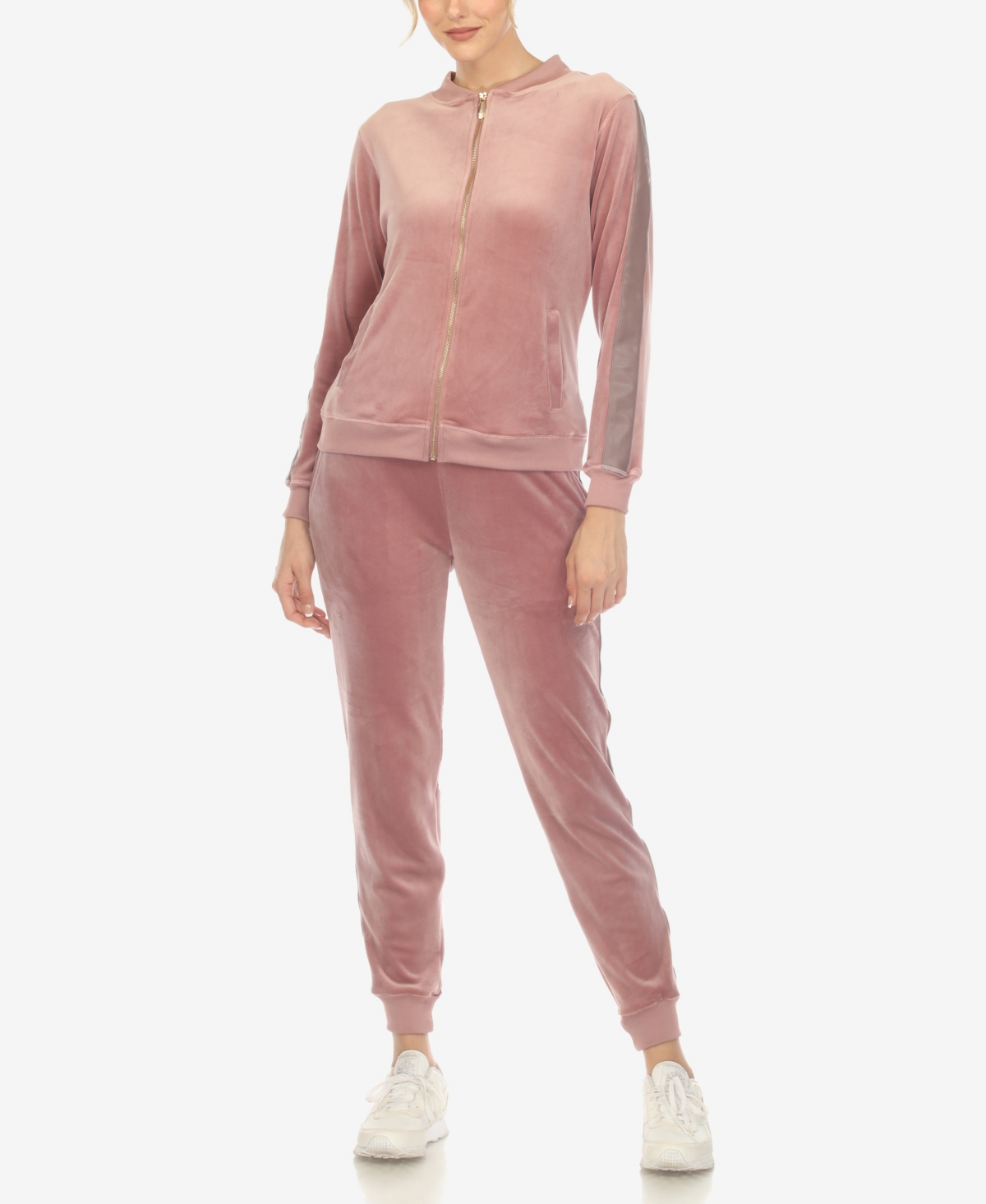 White Mark Women's Faux Leather Stripe Velour 2 Piece Tracksuit Set In Pink